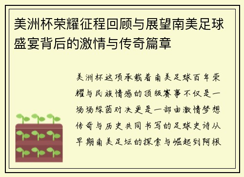 美洲杯荣耀征程回顾与展望南美足球盛宴背后的激情与传奇篇章 美洲杯荣耀征程回顾与展望南美足球盛宴背后的激情与传奇篇章